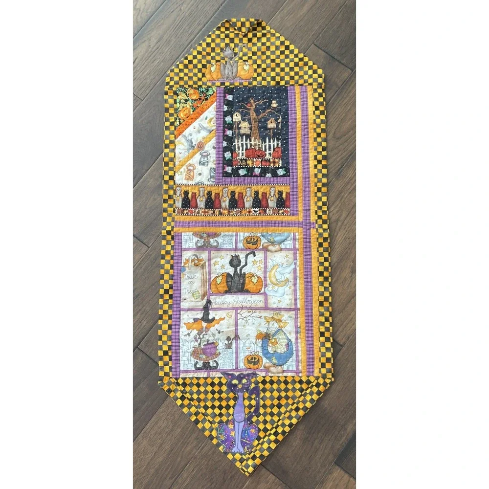 Vtg Halloween Table Runner Quilted Cats Pumpkin 43